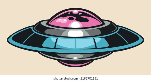 Flying saucer colorful sticker vintage style alien transport for spaceflight through galaxy or travel across planets vector illustration