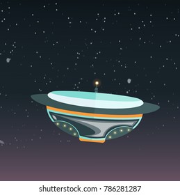 A flying saucer with a convex bottom flies in the starry sky. Space travel. Vector illustration