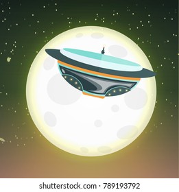 A flying saucer with a convex bottom in the starry sky against the background of the big full moon. Space travel. Vector illustration