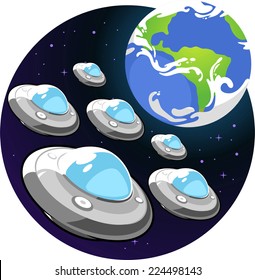 Flying Saucer Earth Invasion Vector Cartoon Illustration