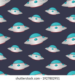 Flying Saucer Emoji Pattern. UFO Seamless Background Symbols. Silhouette Emoticon Platform With Alien Vector.