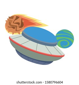 flying saucer with Flame meteorite and space planet over white background, vector illustration