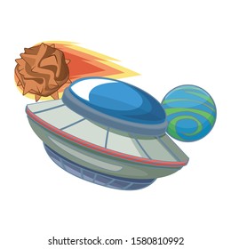 flying saucer with Flame meteorite and space planet over white background, vector illustration