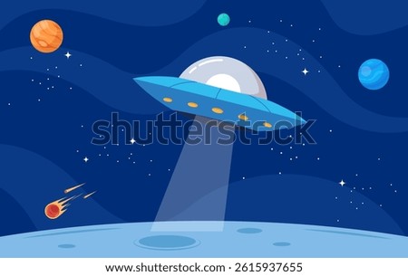 Flying saucer in flat design with space on starry night background.