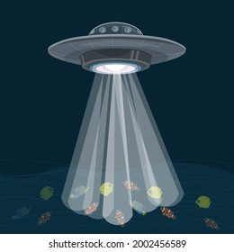 A flying saucer flies over the sea and studies fish.