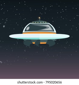 A flying saucer flies in the starry sky. Space travel. Vector illustration