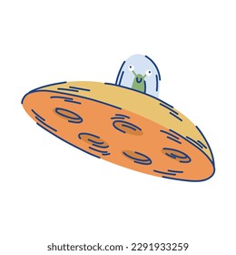 Flying saucer with a green alien inside a spaceship