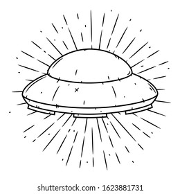 Flying saucer. Hand drawn vector illustration with a UFO and divergent rays. 