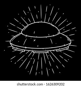 Flying saucer. Hand drawn vector illustration with a UFO and divergent rays. 
