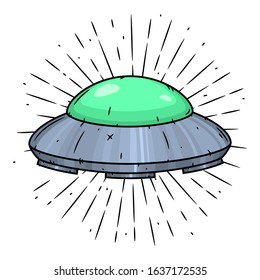 Flying saucer. Hand drawn vector illustration with a UFO and divergent rays. 