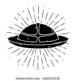 Flying saucer. Hand drawn vector illustration with a UFO and divergent rays. 