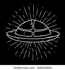  Un platillo volador. Ilustración vectorial dibujada a mano con un OVNI y rayos divergentes. 