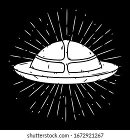 Flying saucer. Hand drawn vector illustration with a UFO and divergent rays. 