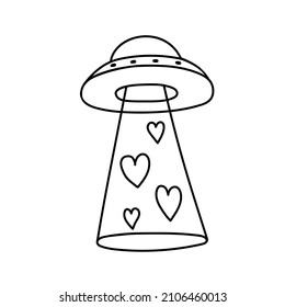 Flying saucer with hearts in doodle style. Romantic UFO for Valentine's Day. Contour vector drawing.