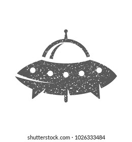 Flying saucer icon in grunge texture. Vintage style vector illustration.