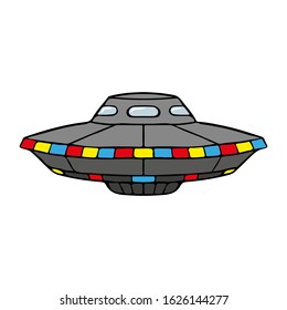 Flying saucer icon. UFO. Vector hand drawing. Horizontal view. Isolated object on a white background. Isolate.