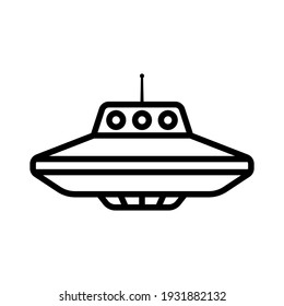 Flying saucer icon. Unknown flying object. UFO. Black contour linear silhouette. Side view. Vector flat simple graphic illustration. The isolated object on a white background. Isolate.