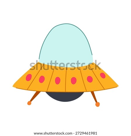 Flying saucer illustration with a light blue dome and orange base featuring pink lights, symbolizing extraterrestrial life, futuristic technology, and space exploration