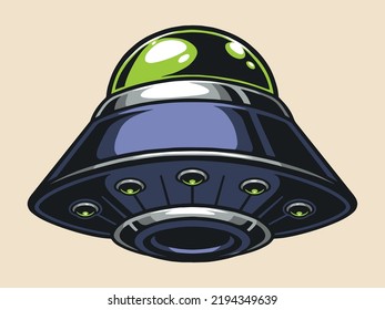 Flying saucer label vintage colorful unidentified alien transport for aerospace travel across galactic and interplanetary UFO warriors vector illustration