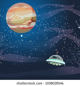 A flying saucer and a large planet Jupiter. Vector illustration. Traveling in open space.