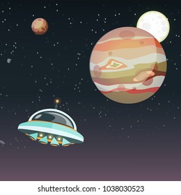 A flying saucer, a large planet and the moon. Vector illustration. Traveling in open space.