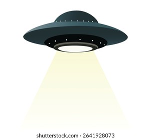 Flying Saucer with Light Beam – Futuristic UFO Vector Illustration Isolated on White Background