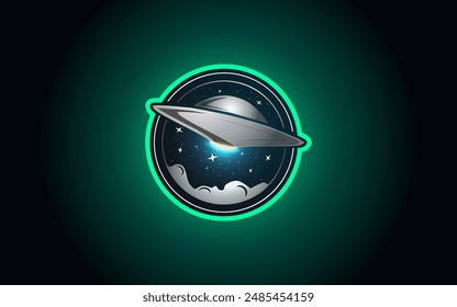 Flying Saucer Logo in outer Space surrounded by stars and surface of the Moon