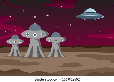 Flying saucer and martian constructions. Vector illustration.