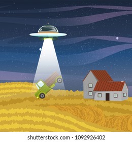 A flying saucer in the night sky over the field. Aliens take a truck to the flying saucer with a beam. Visit to the alien planet Earth. Landscape. Fantastic vector illustration.
