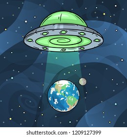 Flying saucer on the background of the earth