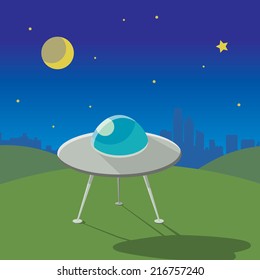 flying saucer on meadow with cityscape behind, night scene, moon and stars in the sky