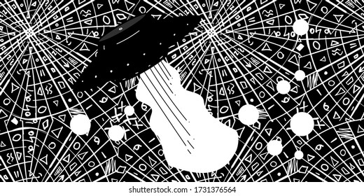 Flying saucer on the mysterious signs. UFO seamless graphic texture with symbols. Vector graphics with white lines on black. Stock illustration for decoration, print and design.