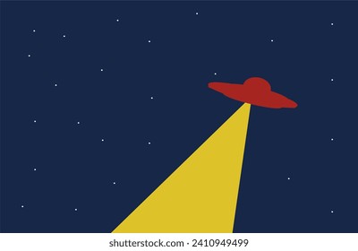 Flying saucer on night blue sky and a beam of rays