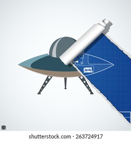 Flying saucer on torn blueprint paper. Vector illustration eps 10