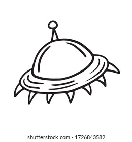 Flying saucer on a white background. Spaceship. Vector linear illustration. Spaceship in doodle style.