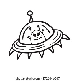 Flying saucer on a white background. Vector linear illustration. Spaceship with an alien.