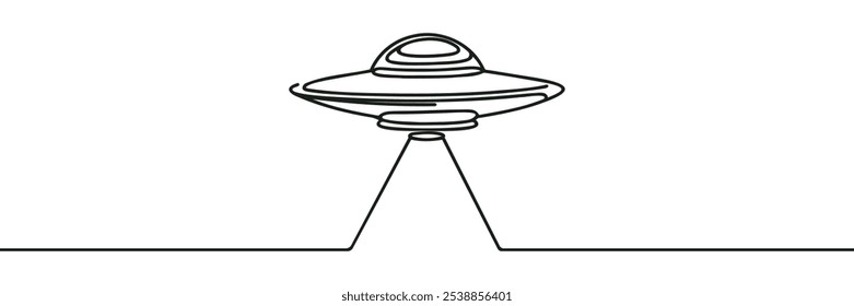 Flying saucer in one line on a white background. Unidentified flying object with a beam of light. Flying vehicles of aliens. Stock vector image.