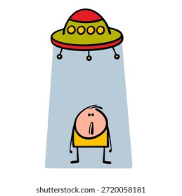 Un platillo volador del espacio exterior entró y secuestró a un hombre de la Tierra. Ilustración vectorial de un stickman de dibujos animados confundido y alienígenas insidiosos en el cielo están brillando de un OVNI, atrayendo hacia arriba.