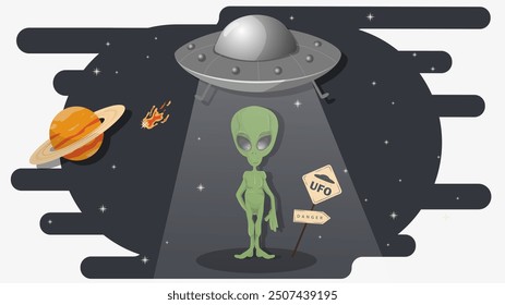 A flying saucer from outer space takes an alien aboard, flat childrens doodles