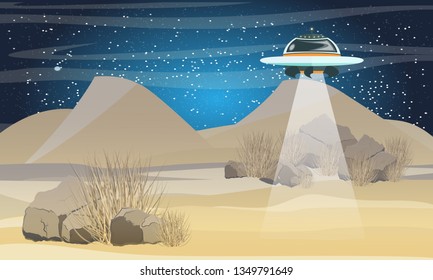 Flying saucer flying over the desert. Space trip. Sahara Desert. The arrival of aliens on Earth. Realistic Vector Landscape