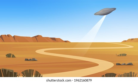 Flying Saucer Over The Desert. Vector Landscape Background With UFO Over Nevada.