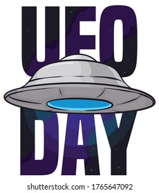 
Flying saucer over sign with double exposure with space design to commemorate the UFO Day.