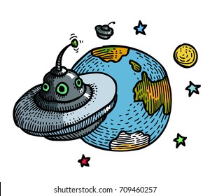 Flying saucer and planet hand drawn image. Original colorful artwork, comic childish style drawing.