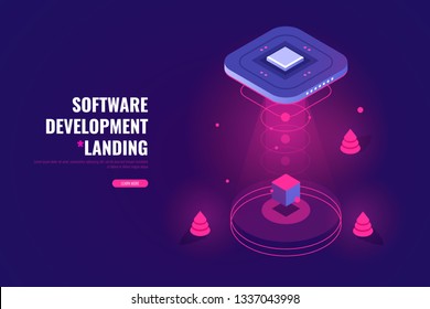 Flying saucer raises cube, ufo, futuristic digital technology concept, software app development, installation or removal, vector