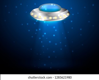 Flying saucer with ray of light. Vector illustration.