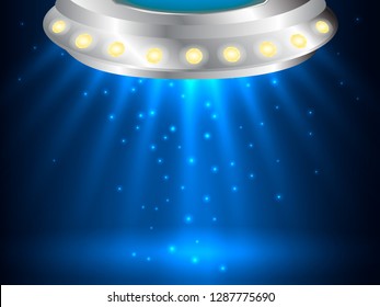 Flying saucer with ray of light. Vector illustration.