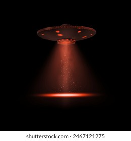 Flying saucer with red glowing lights and beam. Vector illustration of UFO hovering in dark space with particles and light effects. Alien spaceship concept.