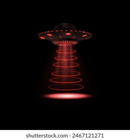 Plato volador con rayo de neón rojo. Imagen de Vector realista de un ovni con partículas brillantes y efectos ahumados sobre un fondo negro aislado. Luz extraterrestre para secuestro o teletransporte.