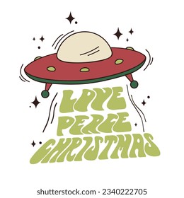 Un platillo volador envía un mensaje de la Navidad de Amor por la Paz. Ilustración retro de vectores navideños de Strange Groovy