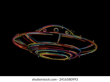 Flying saucer sketch, UFO, stylized vector hand drawing in colors over black
